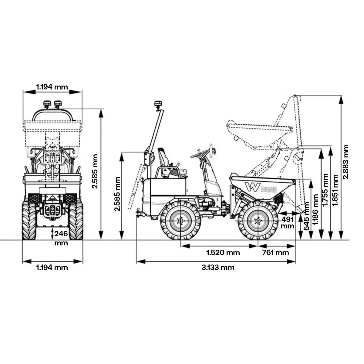 Diagrama de medidas de dumper 1000 kg Wacker Neuson DW10 con tracción 4x4.
