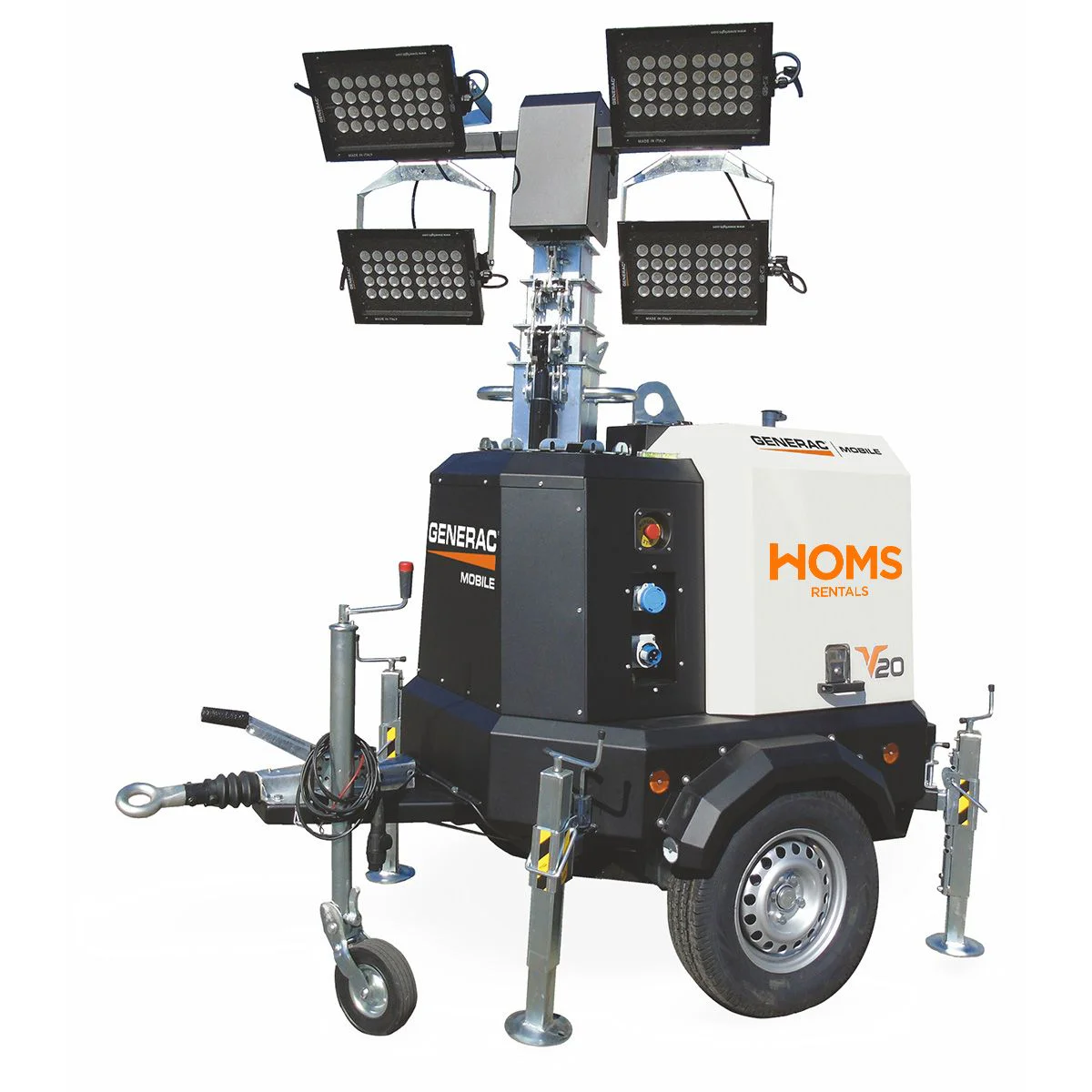 Torre de iluminación móvil con cuatro focos LED orientables para trabajos en obra.