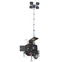 Torre de iluminación portátil con focos LED para espectáculos y eventos al aire libre.